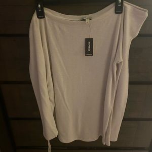 Lightweight, asymmetrical, off the shoulder, soft knit shirt